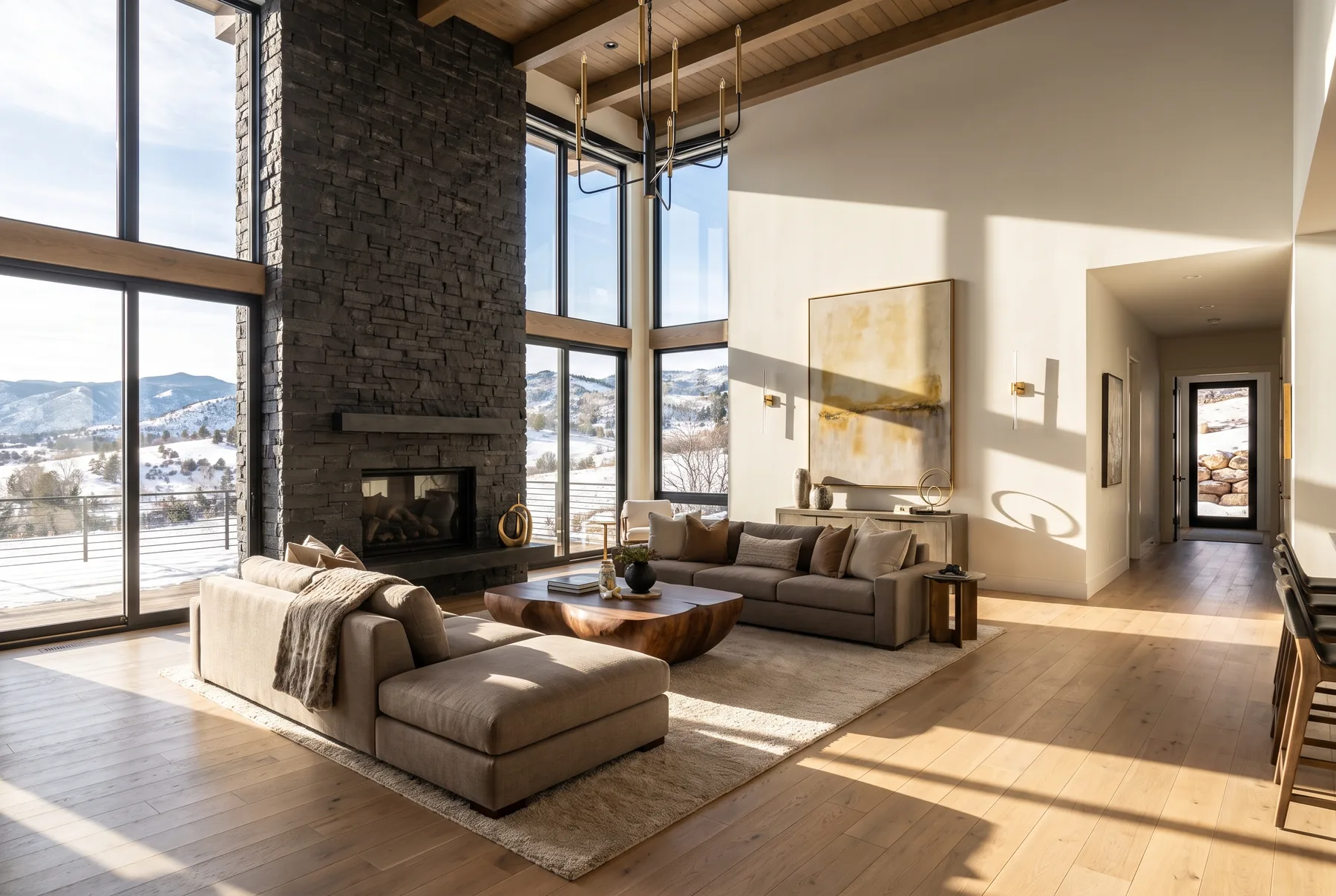 Double-height great room with a floor-to-ceiling stone fireplace and snow-covered foothills through the windows