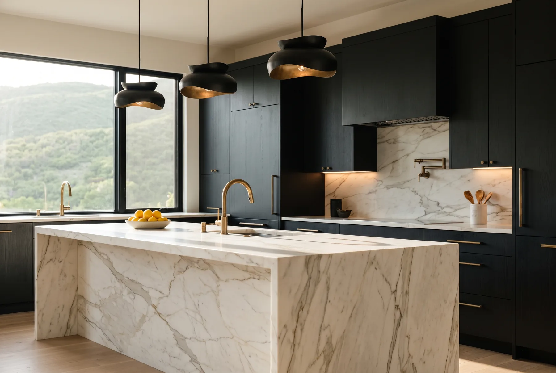 Luxury kitchen with a marble waterfall island, black oak cabinetry and brass fixtures