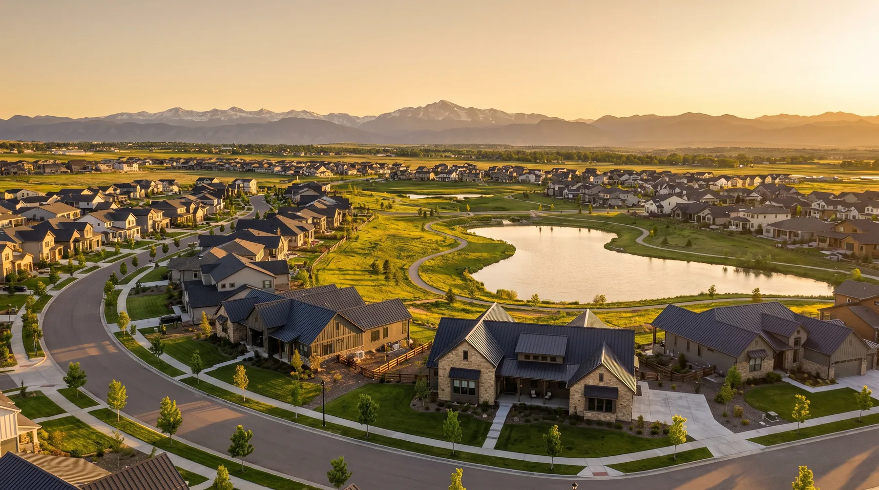Aerial view of a new master-planned Erie neighborhood around a pond with the snowcapped Rockies behind it