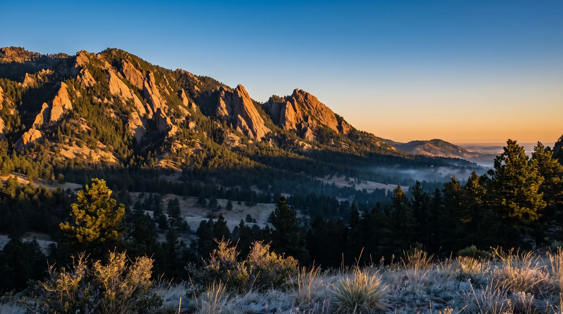 The Boulder Flatirons lit by sunrise above pine forest and frosted meadow grass
