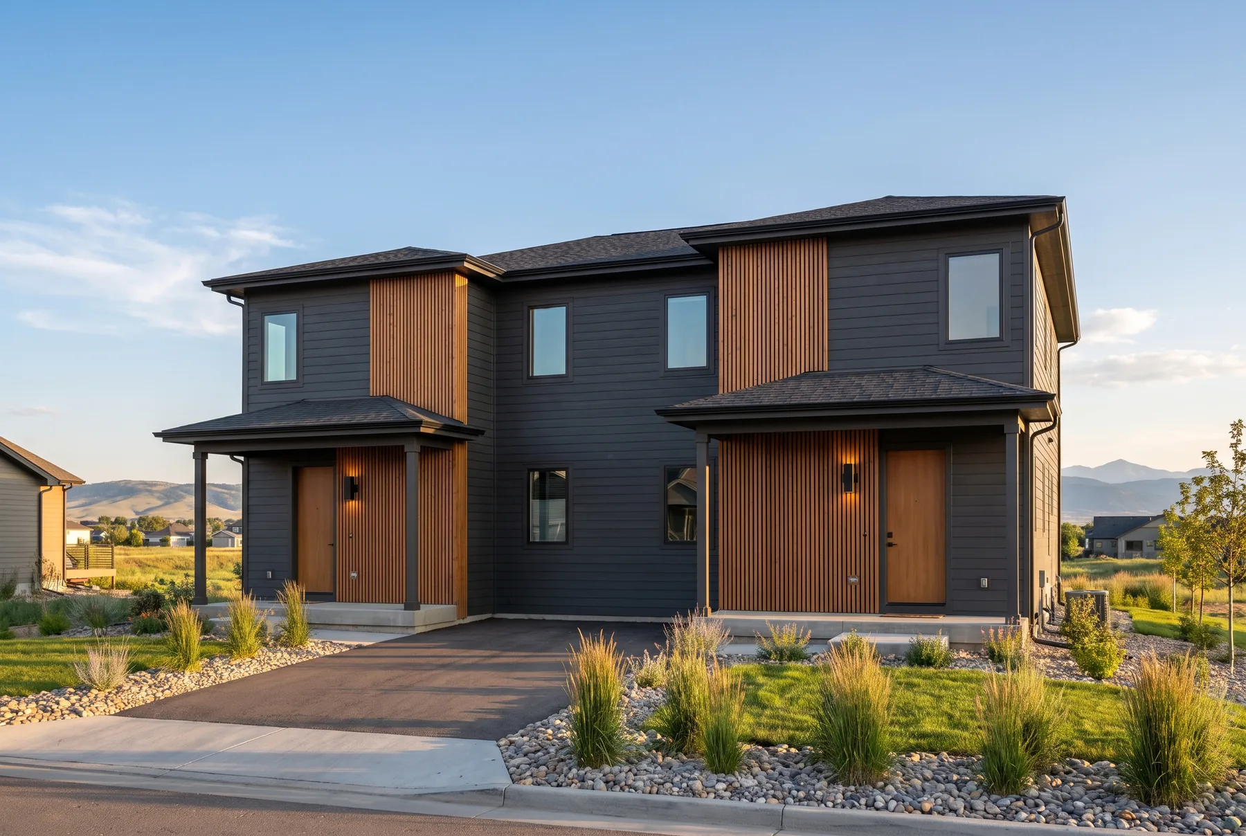 Modern duplex investment property with two separate entries and mountain views behind it