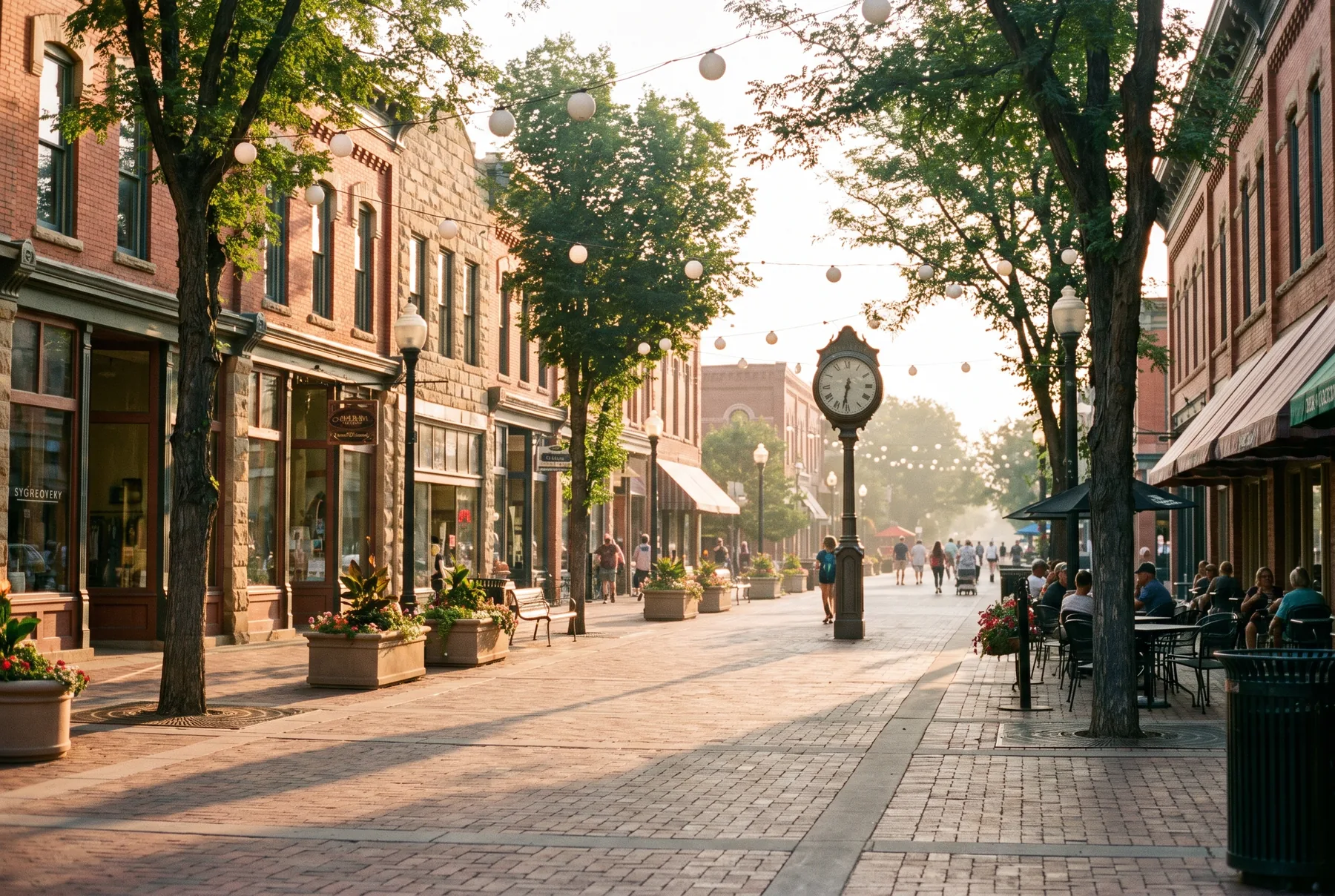 Historic brick storefronts and string lights along a Longmont-area downtown street
