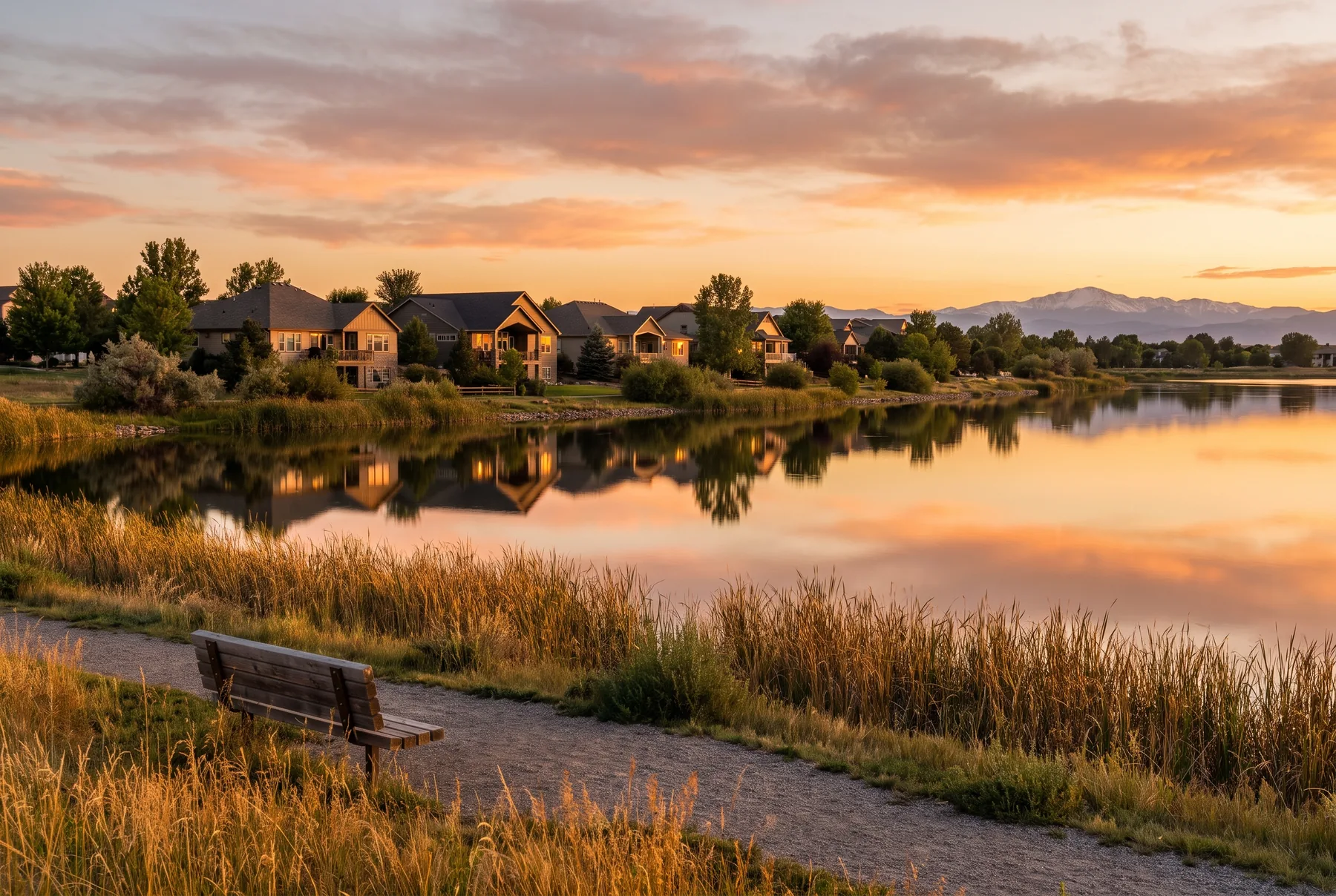 Loveland-area reservoir at sunset with lakefront homes reflected in still water