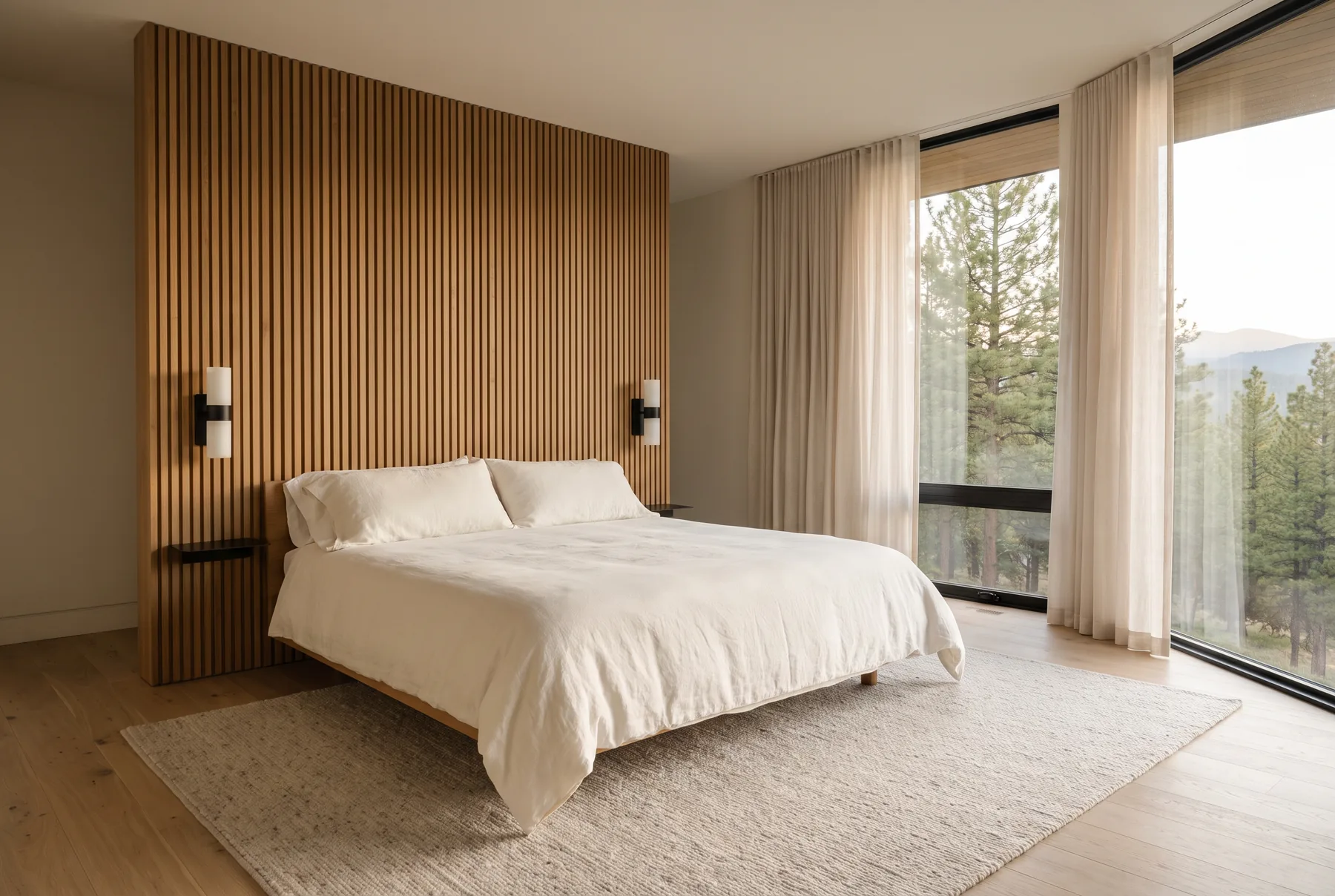 Primary bedroom with a white oak slat feature wall, linen bedding and pine forest beyond floor-to-ceiling windows