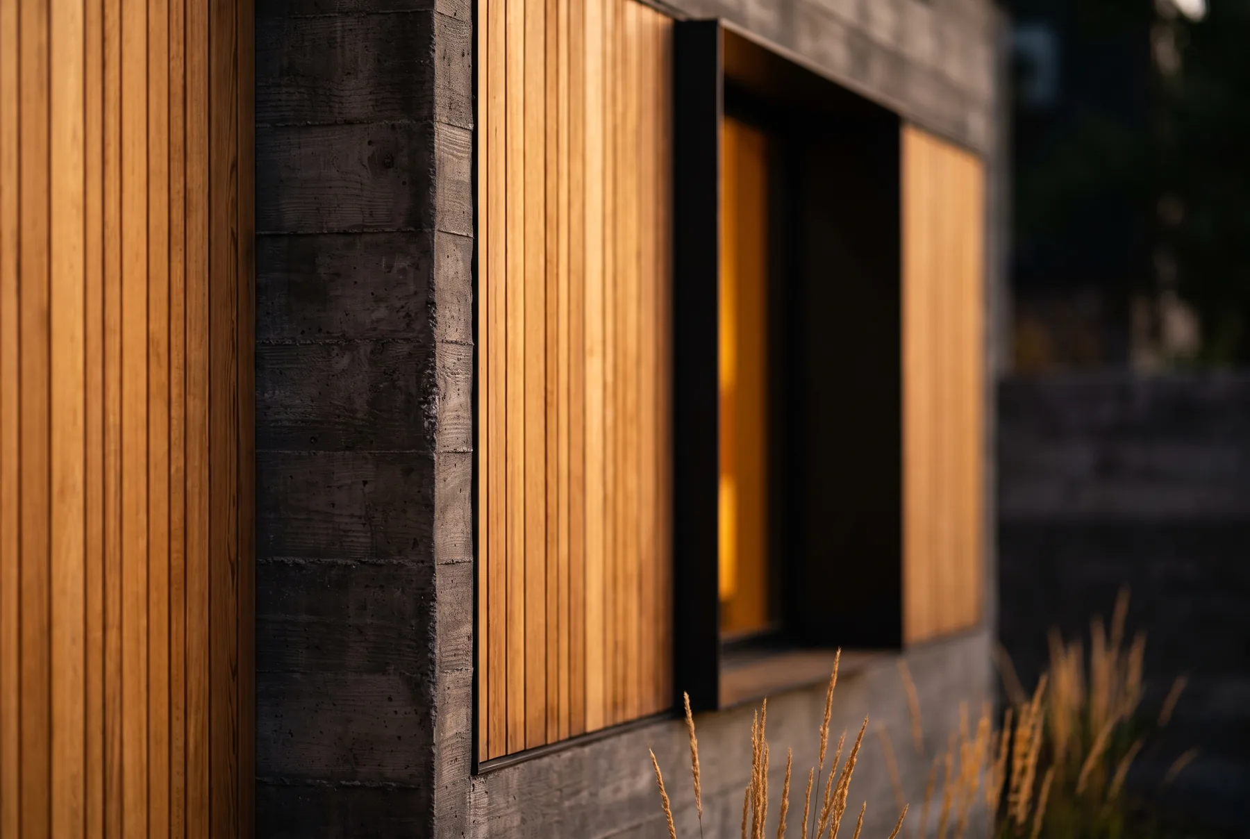 Close detail of a steel window frame meeting warm stone on a modern Colorado home