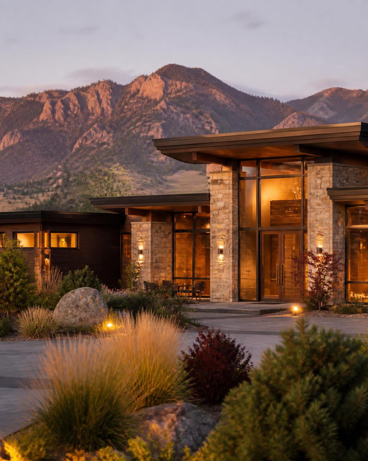 Contemporary stone and timber Front Range home glowing at dusk with the foothills behind it