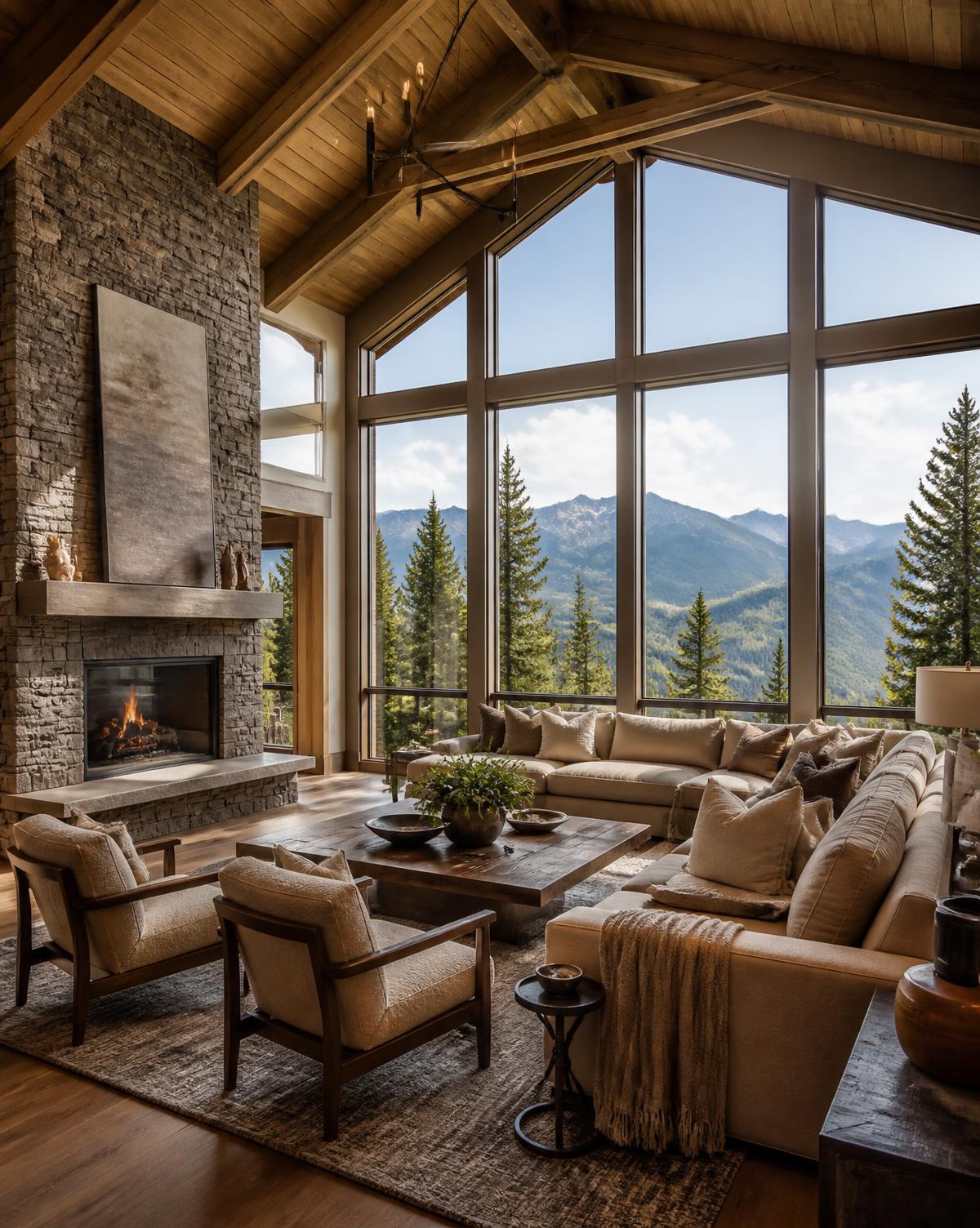 Vaulted great room with a full-height stone fireplace and windows framing evergreens and mountain ridgelines